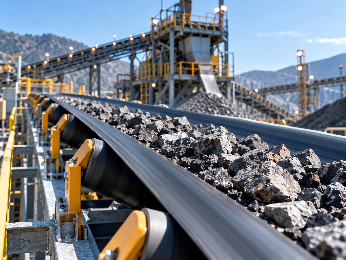 Banda transportadora de caucho en una aplicación industrial de minería