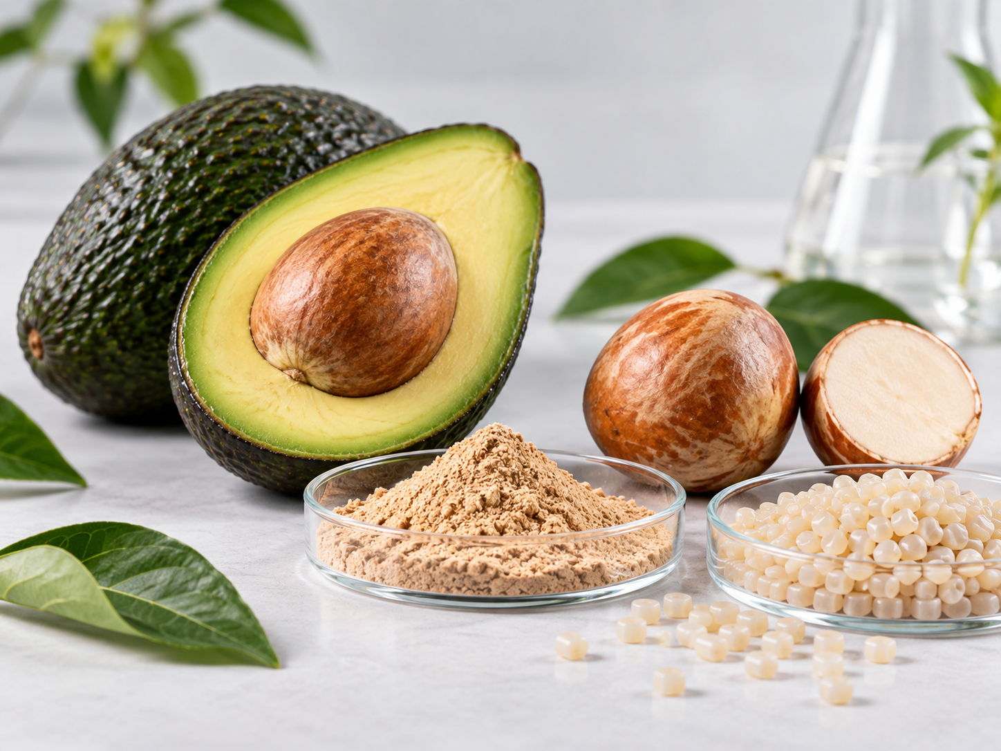 Aguacate, semilla procesada, polvo y pellets de bioplástico sobre una superficie de laboratorio