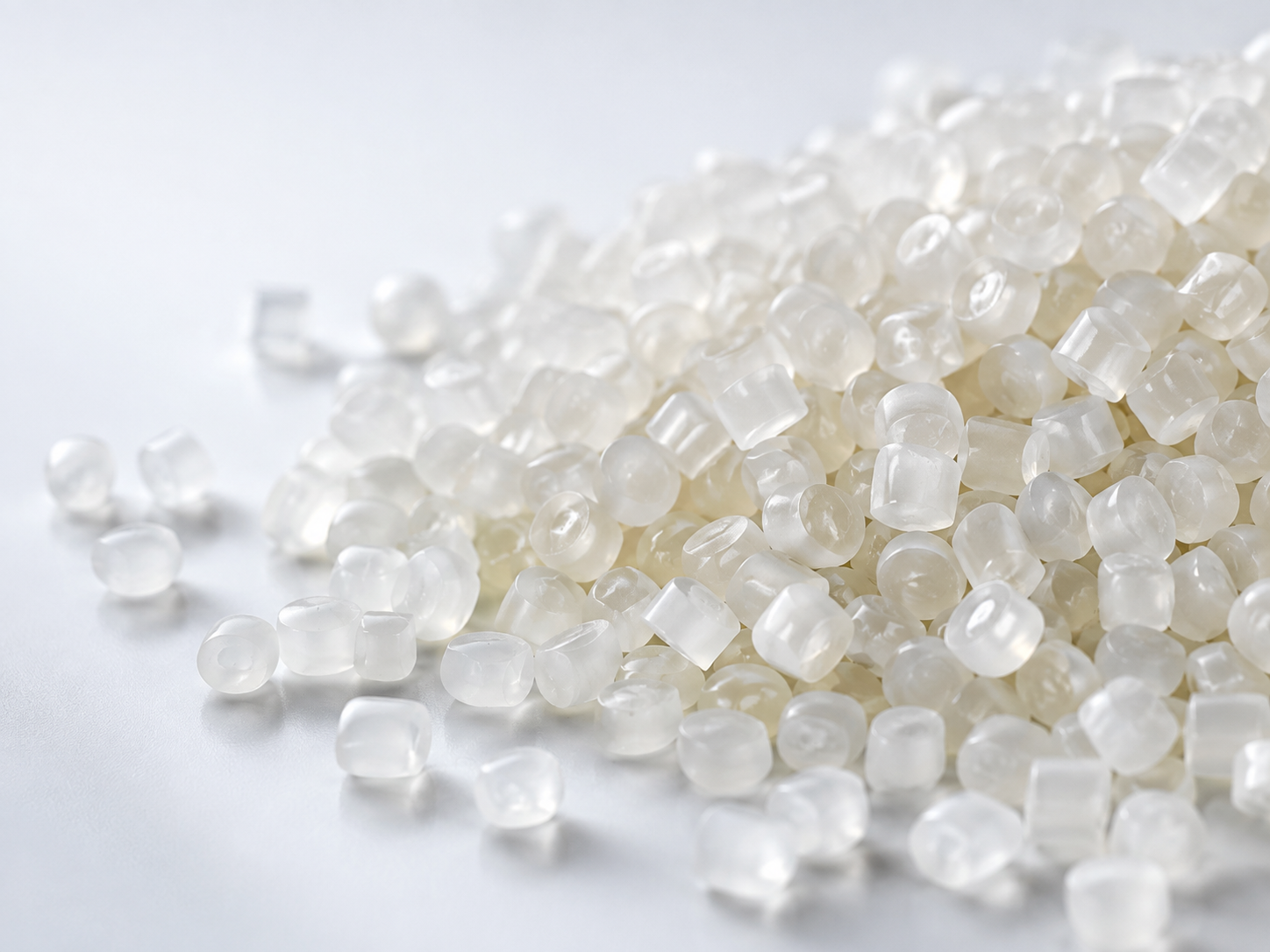 Pellets translúcidos de bioplástico sobre una superficie clara